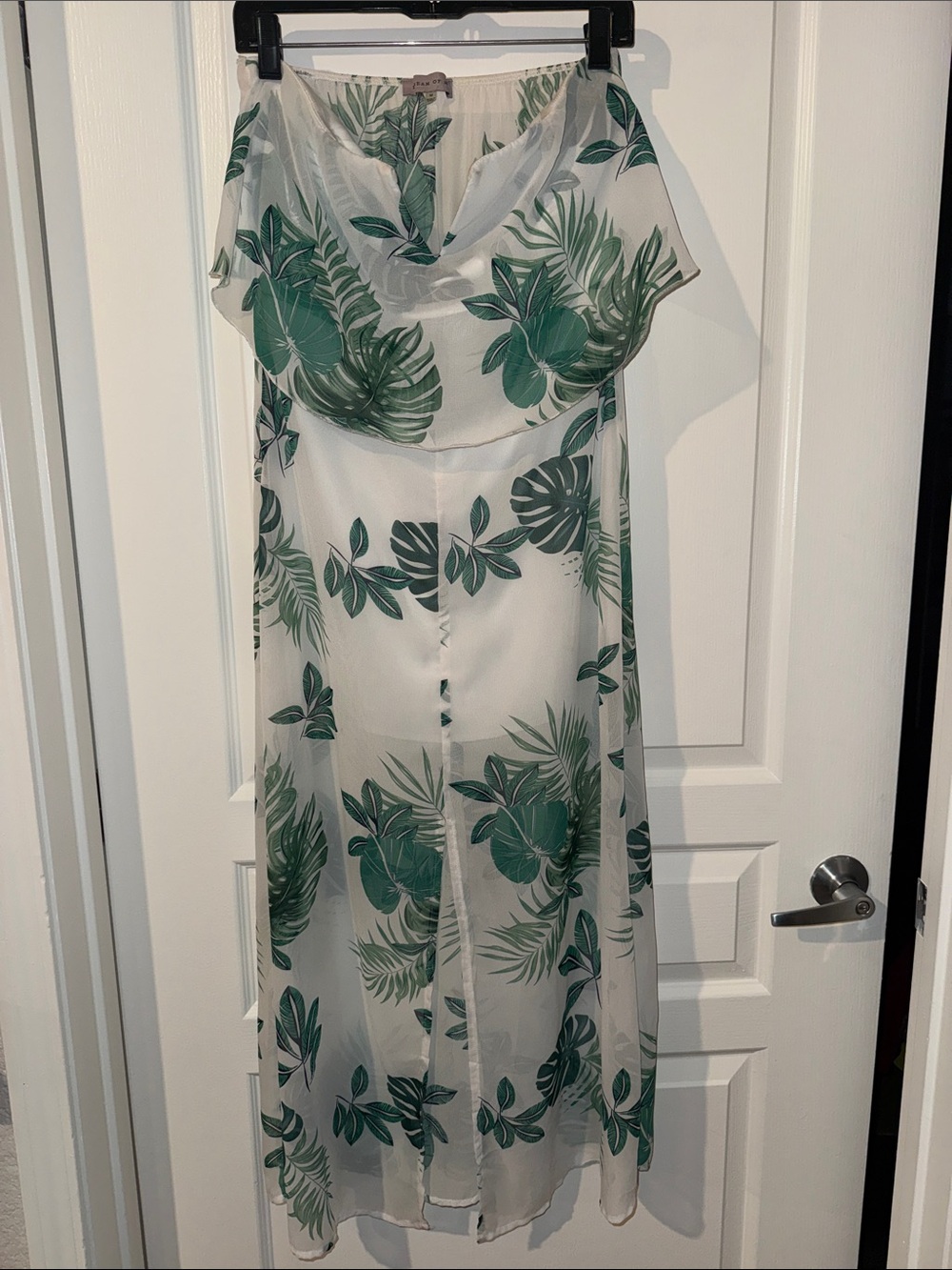 Off-Shoulder White Maxi Dress with Green Leaf Print